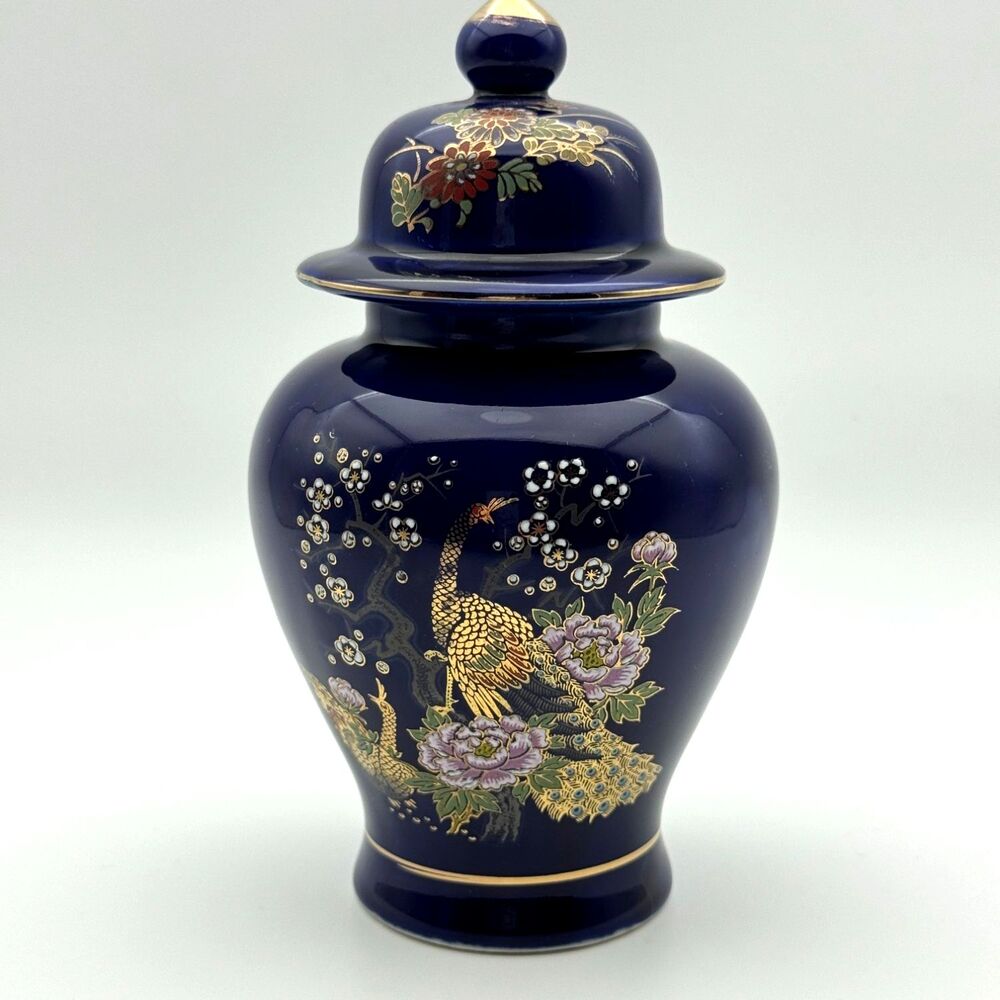 Vintage Cobalt Blue Porcelain Ginger Jar With Lid Peacock Floral Gold Japan